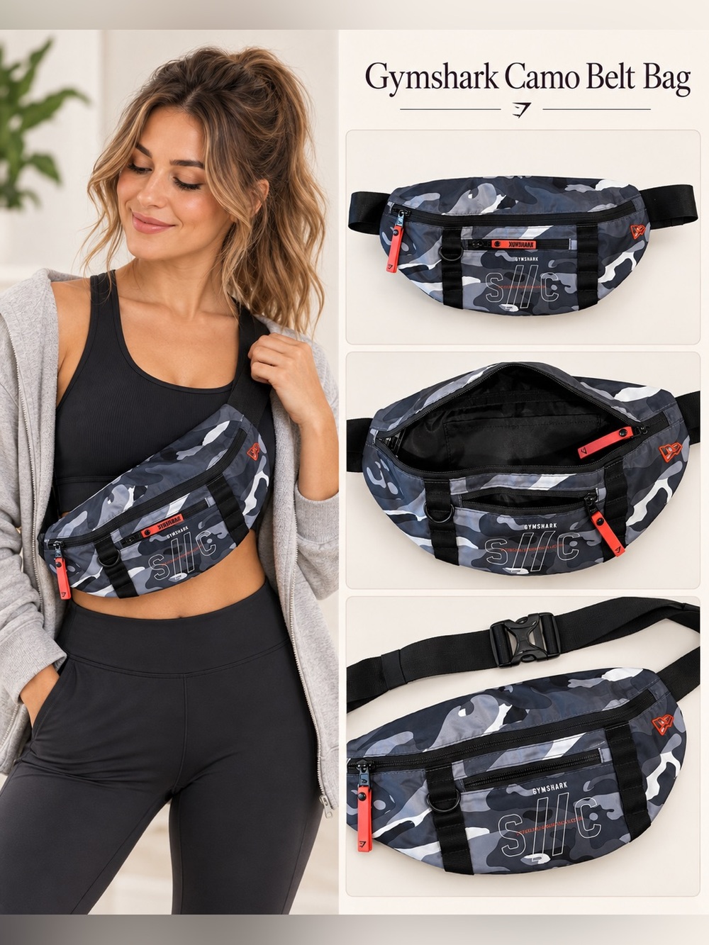Gymshark Black and Gray Camo Crossbody Belt Bag